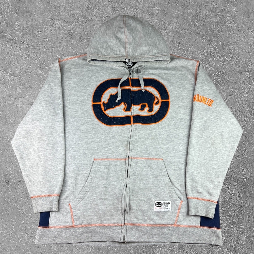 Ecko Unltd Zip Up Hoodie Mens 3XB Gray Navy‎ Orange Rhino Logo Streetwear Y2K